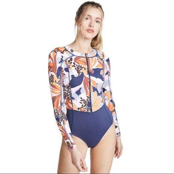 Anthropologie Maaji L Reversible Indigo Front Zip Long Sleeve Rashguard Swimsuit - Picture 1 of 17